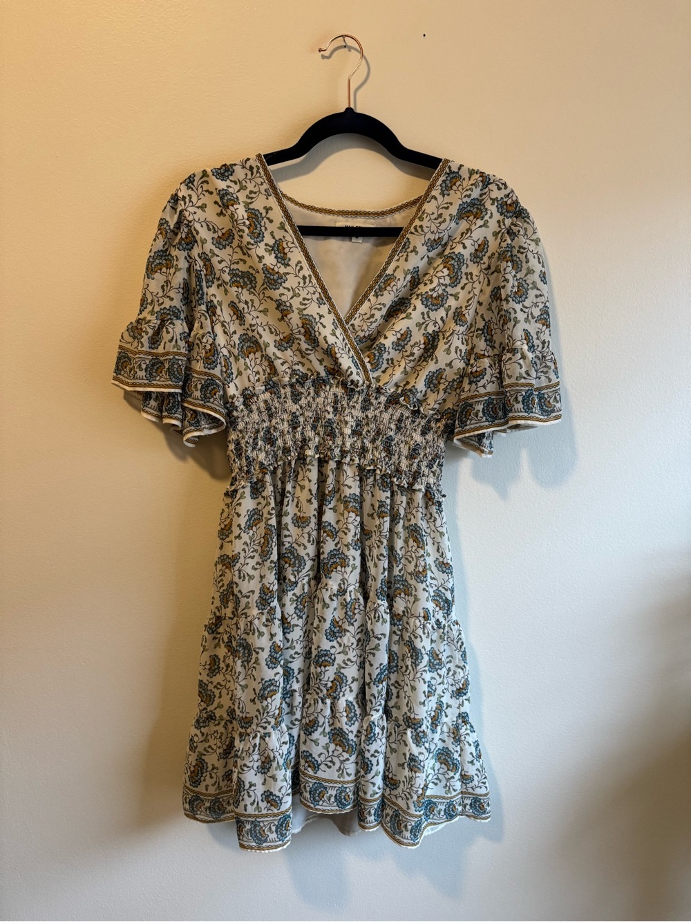 Max Studio Cream Mini Dress with Green and Tan Paisley Print